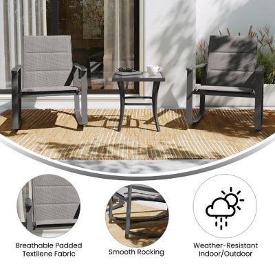 Emma + Oliver Braelin 3 Piece Outdoor Rocking Chair Patio Set with Flex Comfort Material and Metal Framed Glass Top Table, Gray/Black Image 3