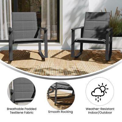 Emma + Oliver Braelin Set of 2 Black Outdoor Rocking Chairs with Flex Comfort Material and Black Metal Frame Image 3