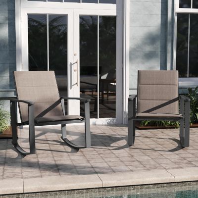 Emma + Oliver Braelin Set of 2 Brown Outdoor Rocking Chairs with Flex Comfort Material and Black Metal Frame Image 1
