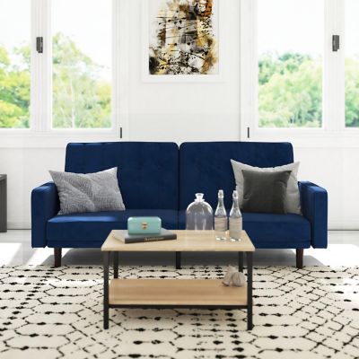 Emma + Oliver Caela Split Back Sofa Futon - Premium Velvet Upholstery in Navy - Plush Padding -Vertical Tufting - Wooden Legs - 600 lbs. Static Weight Capacity Image 1