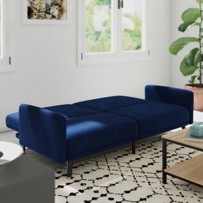 Emma + Oliver Caela Split Back Sofa Futon - Premium Velvet Upholstery in Navy - Plush Padding -Vertical Tufting - Wooden Legs - 600 lbs. Static Weight Capacity Image 2