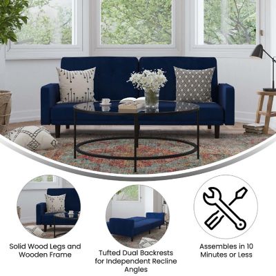 Emma + Oliver Caela Split Back Sofa Futon - Premium Velvet Upholstery in Navy - Plush Padding -Vertical Tufting - Wooden Legs - 600 lbs. Static Weight Capacity Image 3