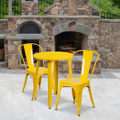 Emma + Oliver Commercial 24" Round Yellow Metal Indoor-Outdoor Table Set with 2 Cafe Chairs Image 1