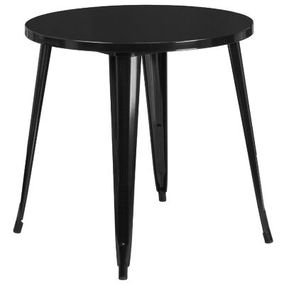 Emma + Oliver Commercial 30" Round Black Metal Indoor-Outdoor Table Set with 2 Arm Chairs Image 2