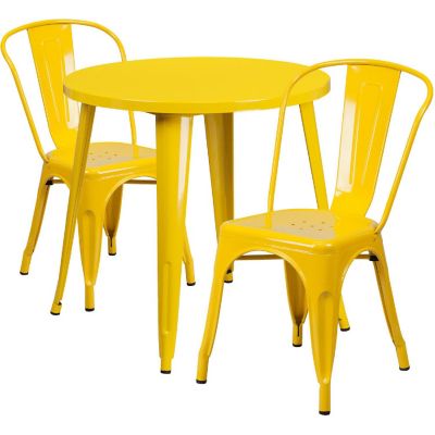 Emma + Oliver Commercial 30" Round Yellow Metal Indoor-Outdoor Table Set with 2 Cafe Chairs Image 1