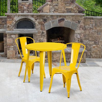 Emma + Oliver Commercial 30" Round Yellow Metal Indoor-Outdoor Table Set with 2 Cafe Chairs Image 1