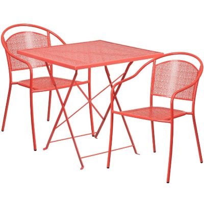Emma + Oliver Commercial Grade 28" Square Coral Folding Patio Table Set-2 Round Back Chairs Image 1