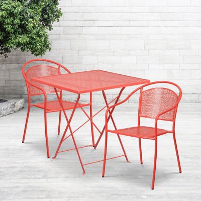 Emma + Oliver Commercial Grade 28" Square Coral Folding Patio Table Set-2 Round Back Chairs Image 1