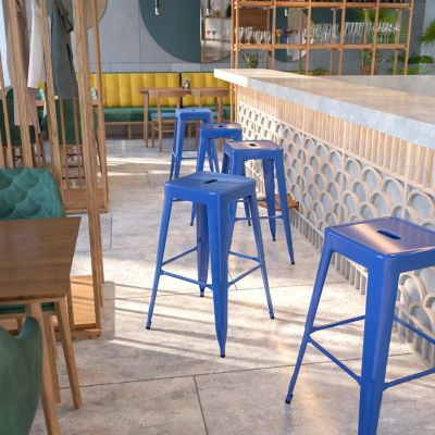 Emma + Oliver Commercial Grade 30"H Backless Blue Metal Indoor-Outdoor Barstool, Square Image 1