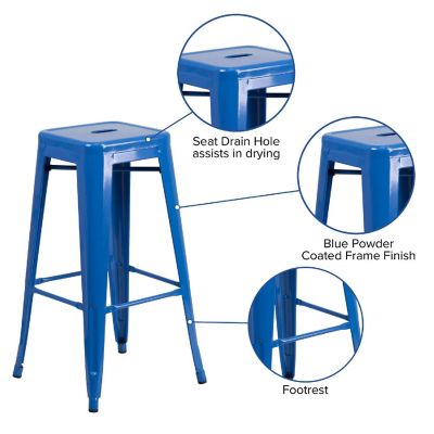 Emma + Oliver Commercial Grade 30"H Backless Blue Metal Indoor-Outdoor Barstool, Square Image 2