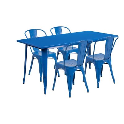 Emma + Oliver Commercial Grade Rectangular Blue Metal Indoor-Outdoor Table Set-4 Stack Chairs Image 1
