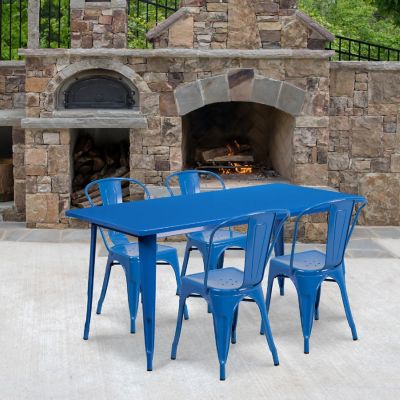 Emma + Oliver Commercial Grade Rectangular Blue Metal Indoor-Outdoor Table Set-4 Stack Chairs Image 1