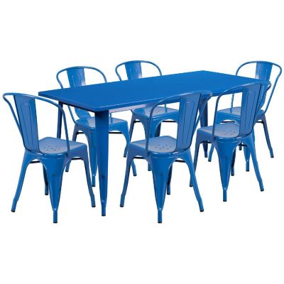Emma + Oliver Commercial Grade Rectangular Blue Metal Indoor-Outdoor Table Set-6 Stack Chairs Image 1