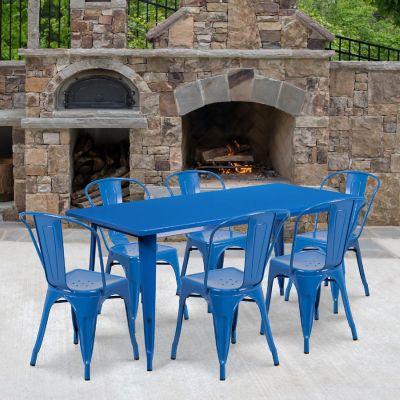 Emma + Oliver Commercial Grade Rectangular Blue Metal Indoor-Outdoor Table Set-6 Stack Chairs Image 1