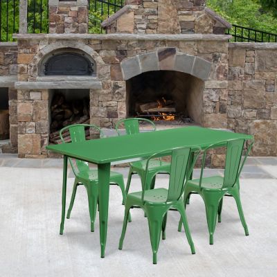Emma + Oliver Commercial Grade Rectangular Green Metal Indoor-Outdoor Table Set-4 Stack Chairs Image 1