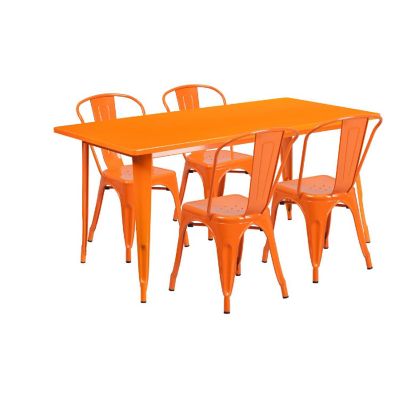 Emma + Oliver Commercial Rectangular Orange Metal Indoor-Outdoor Table Set-4 Stack Chairs Image 1