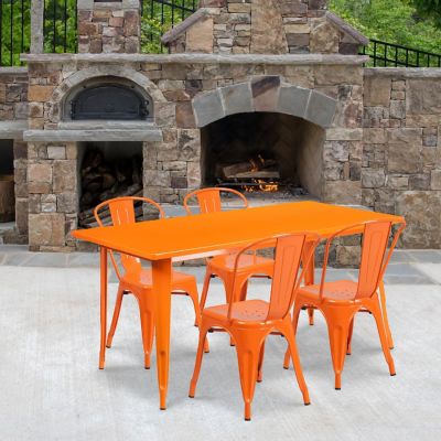 Emma + Oliver Commercial Rectangular Orange Metal Indoor-Outdoor Table Set-4 Stack Chairs Image 1