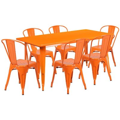 Emma + Oliver Commercial Rectangular Orange Metal Indoor-Outdoor Table Set-6 Stack Chairs Image 1