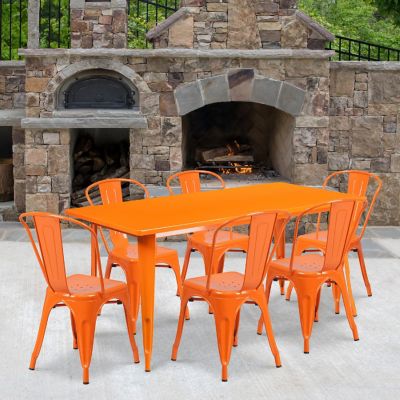 Emma + Oliver Commercial Rectangular Orange Metal Indoor-Outdoor Table Set-6 Stack Chairs Image 1