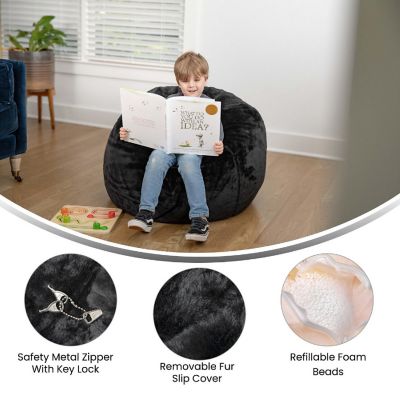 Emma + Oliver Daisy Small Black Furry Bean Bag Chair for Kids and Teens Image 2