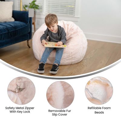 Emma + Oliver Daisy Small Blush Furry Bean Bag Chair for Kids and Teens Image 2