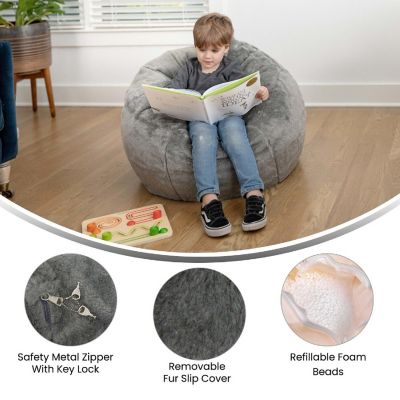Emma + Oliver Daisy Small Gray Furry Bean Bag Chair for Kids and Teens Image 2