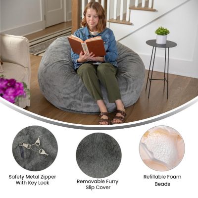 Emma + Oliver Denver Oversized Gray Furry Bean Bag Chair for Kids and Adults Image 2