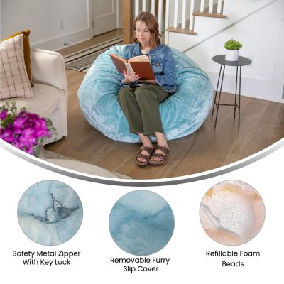 Emma + Oliver Denver Oversized Teal Furry Bean Bag Chair for Kids and Adults Image 2