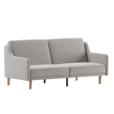 Emma + Oliver Dinah Plush Padded Faux Linen Upholstered Split Back Sofa Futon with Smooth Curved Removable Arms and Wooden Legs in Gray Image 1