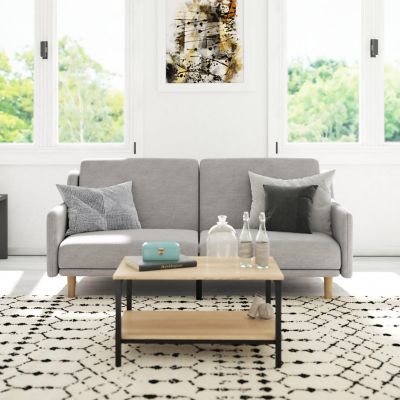 Emma + Oliver Dinah Plush Padded Faux Linen Upholstered Split Back Sofa Futon with Smooth Curved Removable Arms and Wooden Legs in Gray Image 1