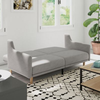 Emma + Oliver Dinah Plush Padded Faux Linen Upholstered Split Back Sofa Futon with Smooth Curved Removable Arms and Wooden Legs in Gray Image 2