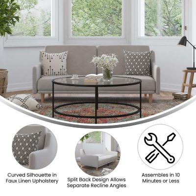 Emma + Oliver Dinah Plush Padded Faux Linen Upholstered Split Back Sofa Futon with Smooth Curved Removable Arms and Wooden Legs in Gray Image 3