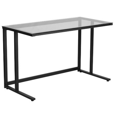 Emma + Oliver Glass Desk with Black Pedestal Metal Frame Image 1