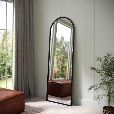 Emma + Oliver Gretel Full Length Floor Mirror, Wall Leaning or Wall Mounted, Slim Silhouette Arched Metal Frame, 22x65, Black Image 1