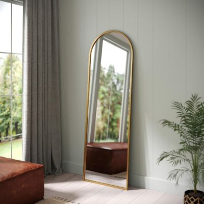 Emma + Oliver Gretel Full Length Floor Mirror, Wall Leaning or Wall Mounted, Slim Silhouette Arched Metal Frame, 22x65, Gold Image 1