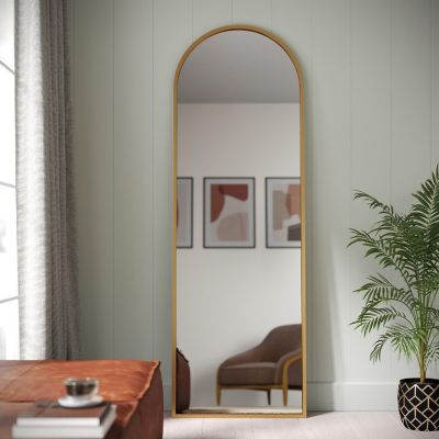 Emma + Oliver Gretel Full Length Floor Mirror, Wall Leaning or Wall Mounted, Slim Silhouette Arched Metal Frame, 22x65, Gold Image 2