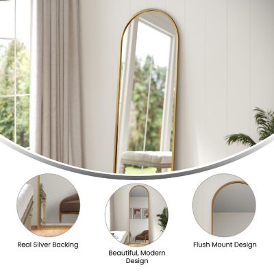 Emma + Oliver Gretel Full Length Floor Mirror, Wall Leaning or Wall Mounted, Slim Silhouette Arched Metal Frame, 22x65, Gold Image 3
