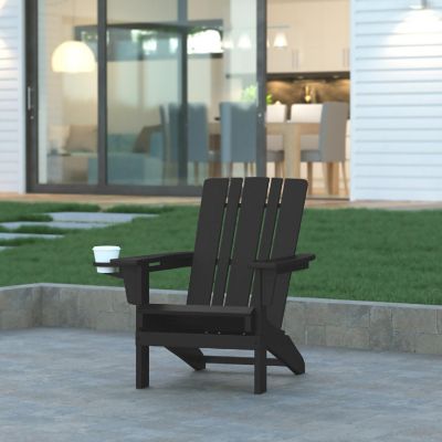 Emma + Oliver Haley Adirondack Chair with Cup Holder, Weather Resistant Poly Resin Adirondack Chair, Black Image 1