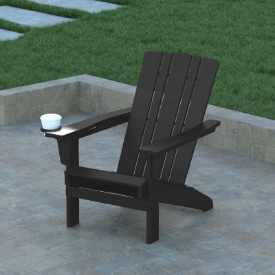 Emma + Oliver Haley Adirondack Chair with Cup Holder, Weather Resistant Poly Resin Adirondack Chair, Black Image 2