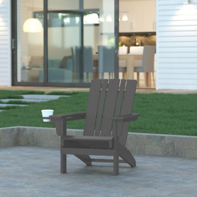 Emma + Oliver Haley Adirondack Chair with Cup Holder, Weather Resistant Poly Resin Adirondack Chair, Gray Image 1