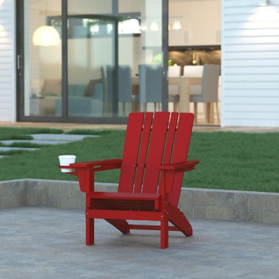 Emma + Oliver Haley Adirondack Chair with Cup Holder, Weather Resistant Poly Resin Adirondack Chair, Red Image 1
