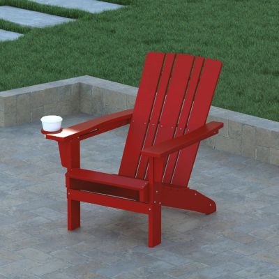 Emma + Oliver Haley Adirondack Chair with Cup Holder, Weather Resistant Poly Resin Adirondack Chair, Red Image 2