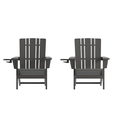 Emma + Oliver Haley Adirondack Chairs with Cup Holders, Weather Resistant Poly Resin Adirondack Chairs, Set of 2, Gray Image 1