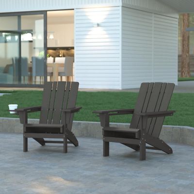 Emma + Oliver Haley Adirondack Chairs with Cup Holders, Weather Resistant Poly Resin Adirondack Chairs, Set of 2, Gray Image 1