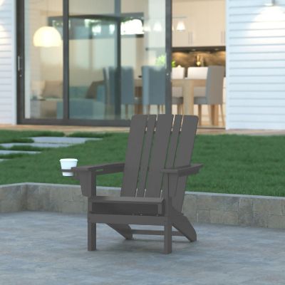 Emma + Oliver Haley Adirondack Chairs with Cup Holders, Weather Resistant Poly Resin Adirondack Chairs, Set of 2, Gray Image 2