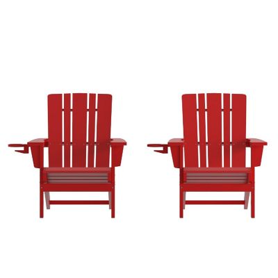 Emma + Oliver Haley Adirondack Chairs with Cup Holders, Weather Resistant Poly Resin Adirondack Chairs, Set of 2, Red Image 1