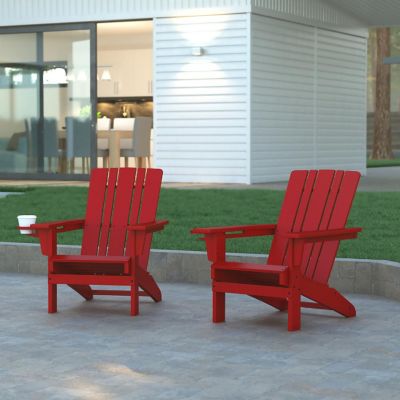Emma + Oliver Haley Adirondack Chairs with Cup Holders, Weather Resistant Poly Resin Adirondack Chairs, Set of 2, Red Image 1