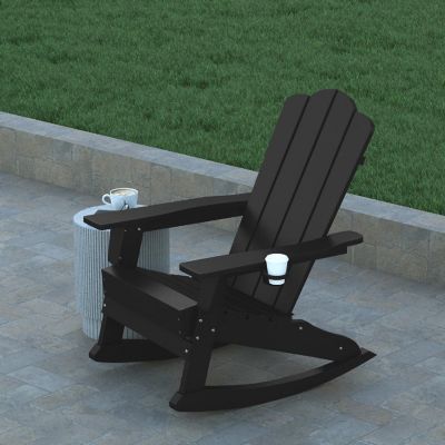 Emma + Oliver Haley Adirondack Rocking Chair with Cup Holder, Weather Resistant Poly Resin Adirondack Rocking Chair, Black Image 1