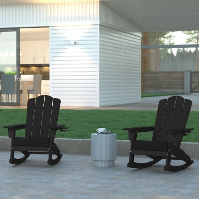 Emma + Oliver Haley Adirondack Rocking Chair with Cup Holder, Weather Resistant Poly Resin Adirondack Rocking Chair, Black Image 2
