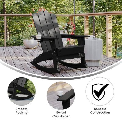 Emma + Oliver Haley Adirondack Rocking Chair with Cup Holder, Weather Resistant Poly Resin Adirondack Rocking Chair, Black Image 3